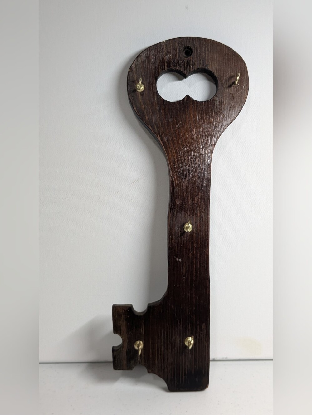 Vintage wood key holder shaped like key | mid century 5 brass  hooks